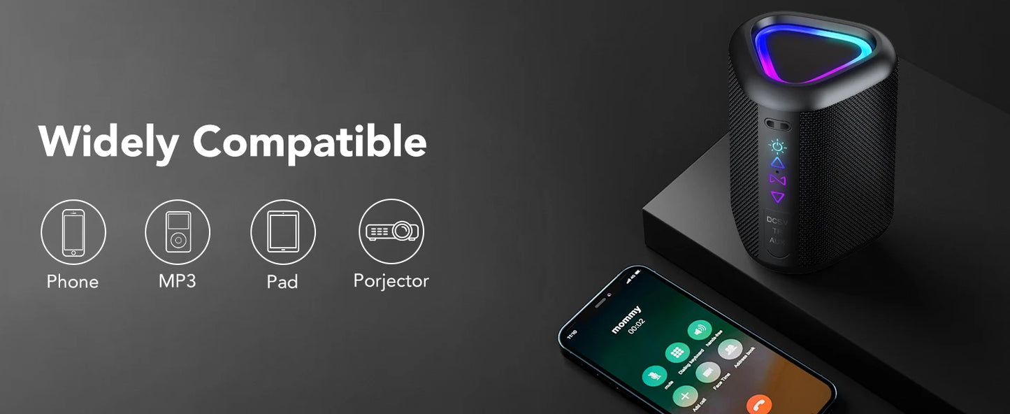 "Portable Bluetooth Speaker - Waterproof, 24Hr Battery, RGB Lights"